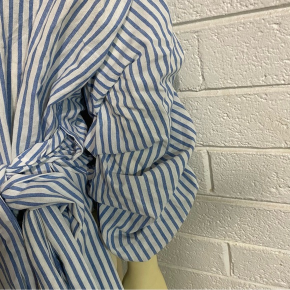 Bubble Sleeve Wrap Around Voluminous Puff Blue Pinstripe Statement Piece Blouse - Picture 4 of 6